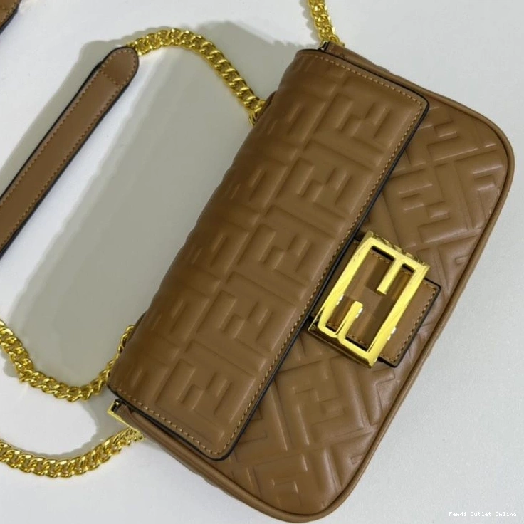 Affordable In Chain Brown Leather Nappa Baguette Fendi Midi FF Bag Motif 0825